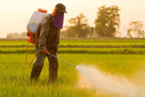 Homem jogando agrotóxicos em plantação